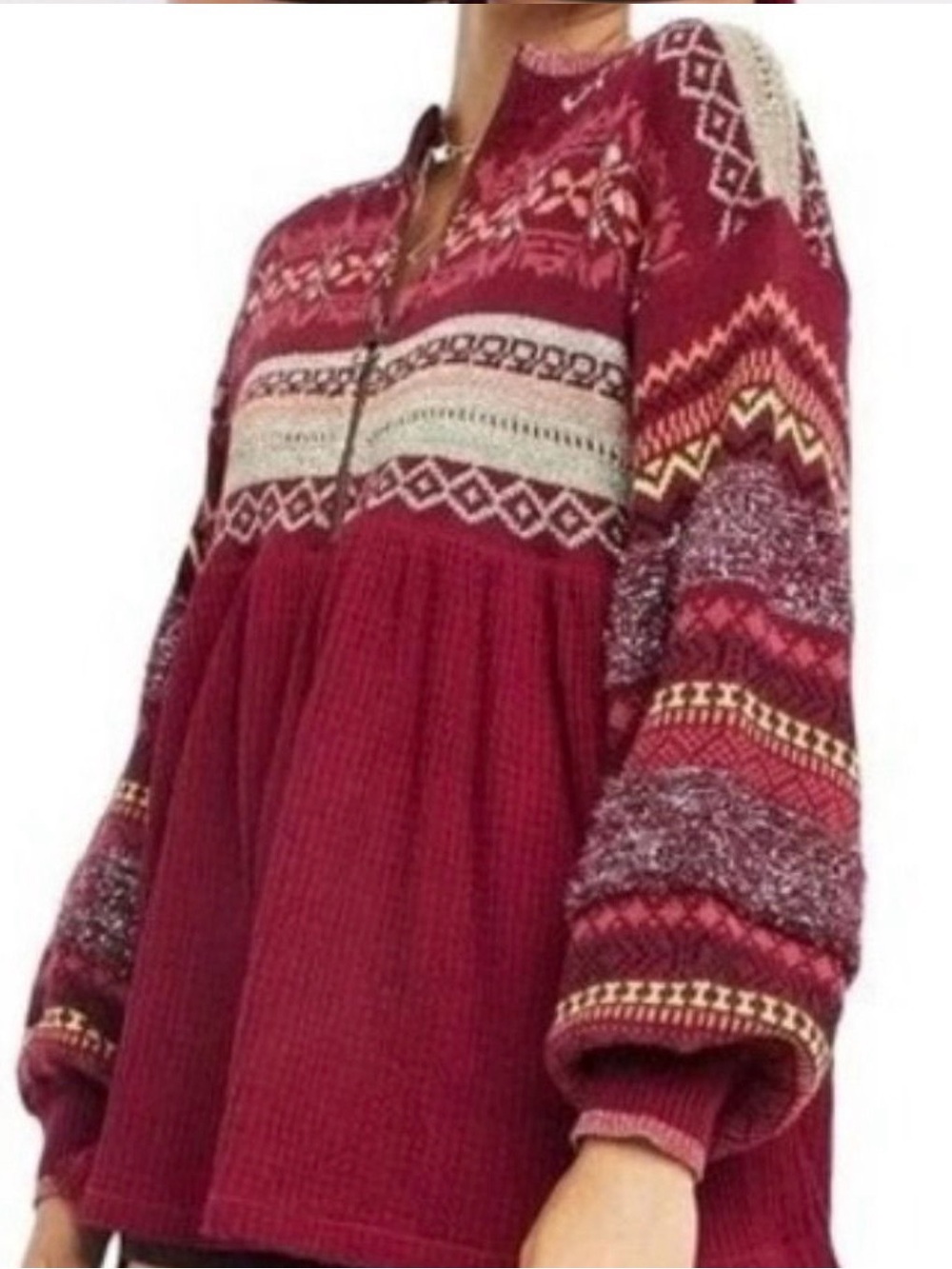 Free People Burgundy Fair Isle Metallic Half-Zip Peplum Sweater